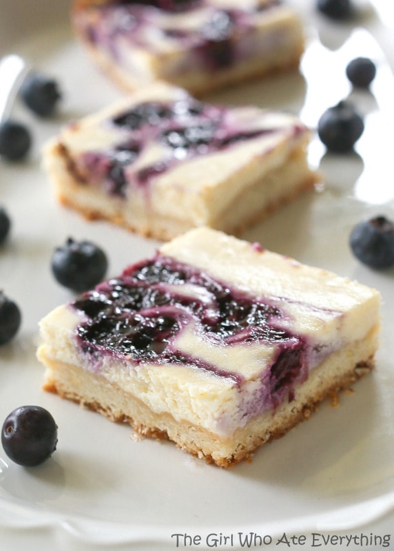 Blueberry Lemon Cheesecake Bars - summer flavors with a shortbread crust. {The Girl Who Ate Everything}