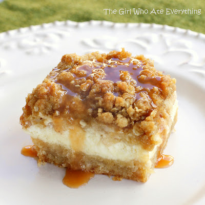 Caramel Apple Cheesecake Bars - These bars start with a shortbread crust, a thick cheesecake layer, and are topped with diced cinnamon apples and a sweet streusel topping. the-girl-who-ate-everything.com