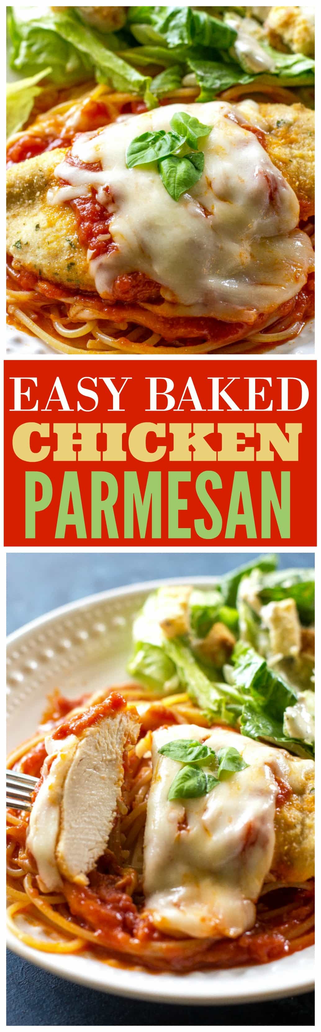 Easy Baked Chicken Parmesan - my go-to easy Italian dinner when I don't have anything planned. #easy #baked #chicken #parmesan #dinner #recipe