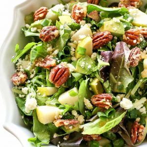 Roquefort Pear Salad - one of my favorite salads topped with candied pecans! the-girl-who-ate-everything.com