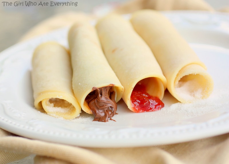 Jelly Roll Pancakes stuffed with Nutella and jam