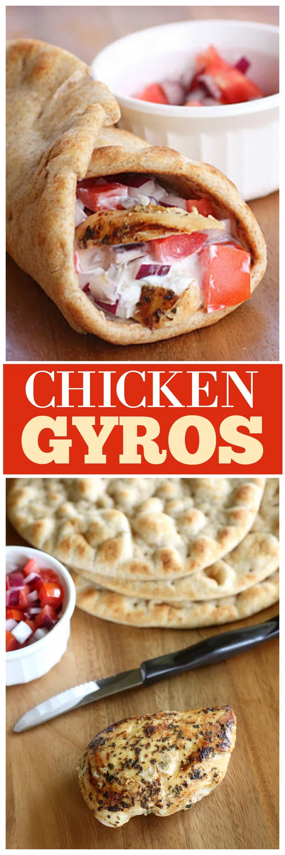 Chicken Gyros - Greek marinated chicken topped with fresh tzatziki sauce. This is a delicious healthy dinner. #chicken #gyros #healthy #greek #dinner