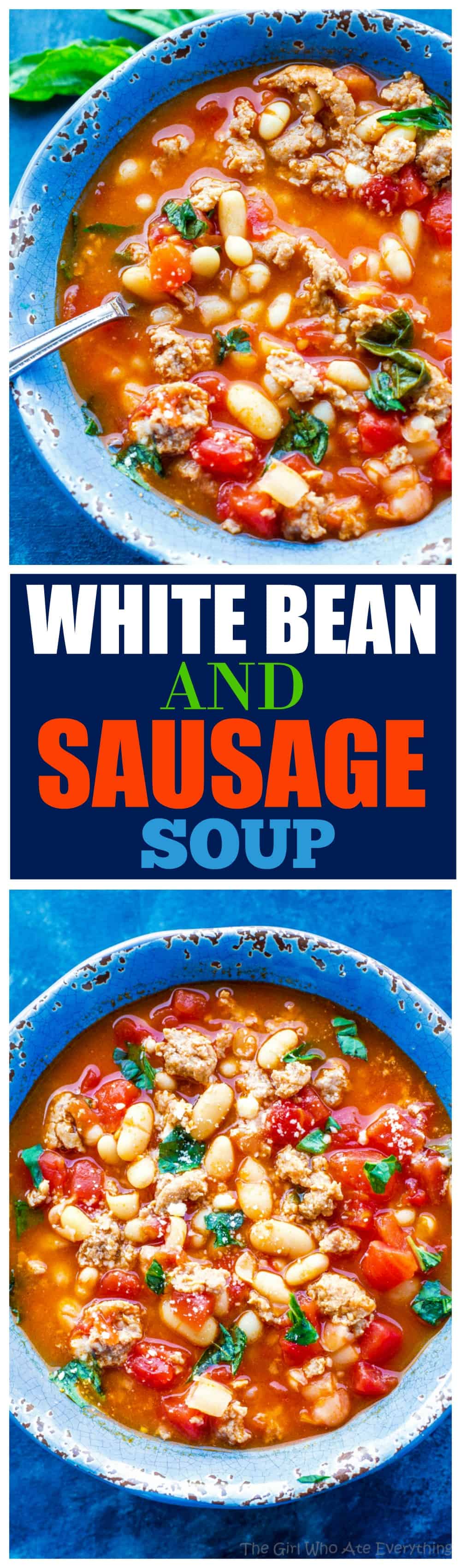 This White Bean and Sausage Soup is from my friend Steph only has six ingredients and has spicy sausage, basil, tomatoes, and beans! #white #bean #sausage #soup #recipe #easy #dinner