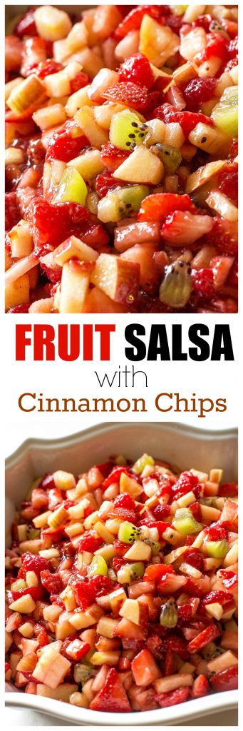 Fruit Salsa with Baked Cinnamon chips - strawberries, apples, raspberries, and kiwis make the perfect sweet salsa! #fruit #salsa #appetizer