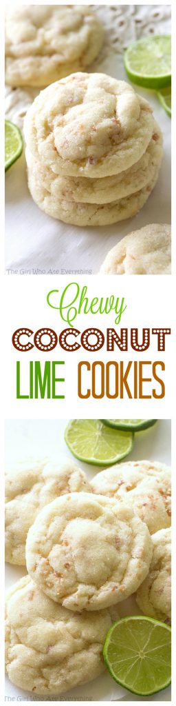 Chewy Coconut Lime Sugar Cookies - Super soft and chewy coconut lime cookies with a hint of lime. #chewy #coconut #lime #sugar #cookies #dessert