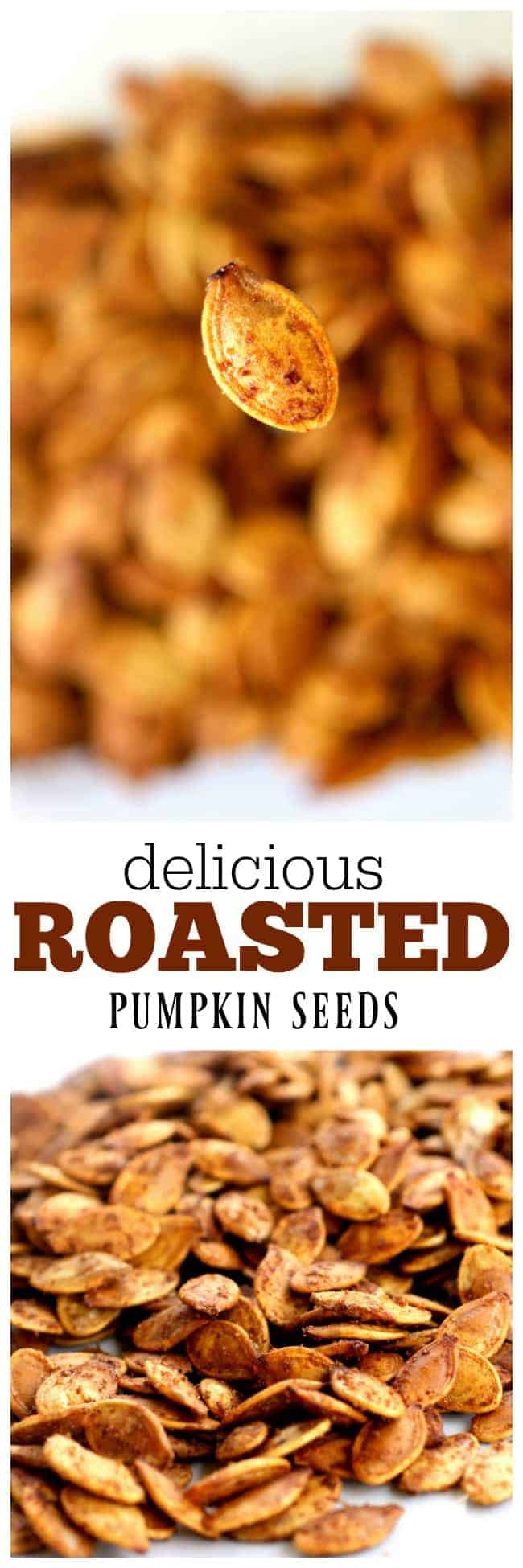 Roasted Pumpkin Seeds are easier than you think. If you've ever wanted to know how to roast pumpkin seeds, I'll teach you. This roasted pumpkin seeds recipe are crispy and full of seasoning! #roasted #pumpkin #seeds #halloween