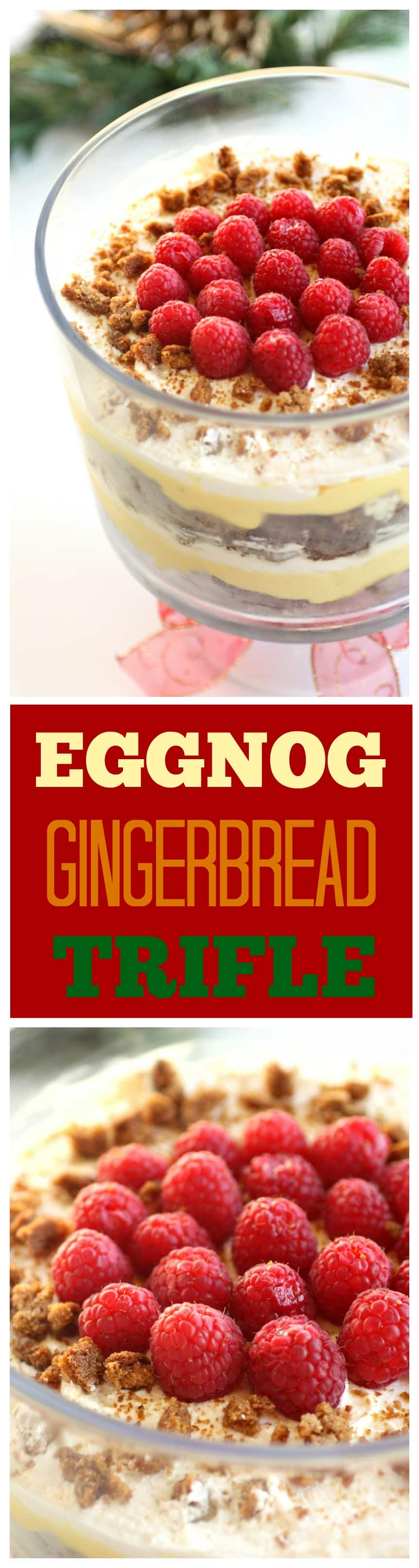 Eggnog Gingerbread Trifle - layers of gingerbread, eggnog pudding and whipped cream. So good!#eggnog #gingerbread #trifle #christmas #dessert #recipe