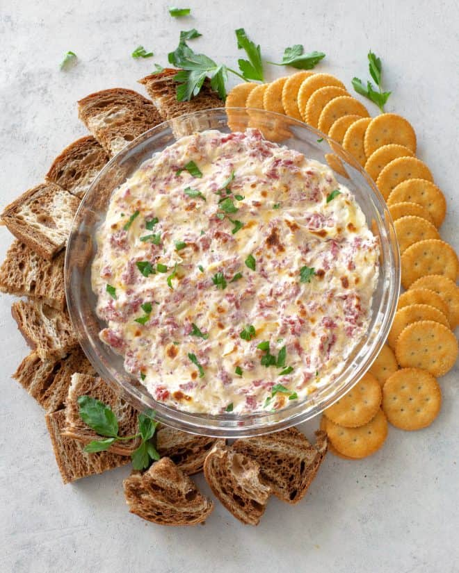 reuben dip with rye bread and crackers