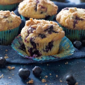 Blueberry Streusel Muffins are full of blueberries, moist, and topped with a streusel. #blueberry #muffins #recipe
