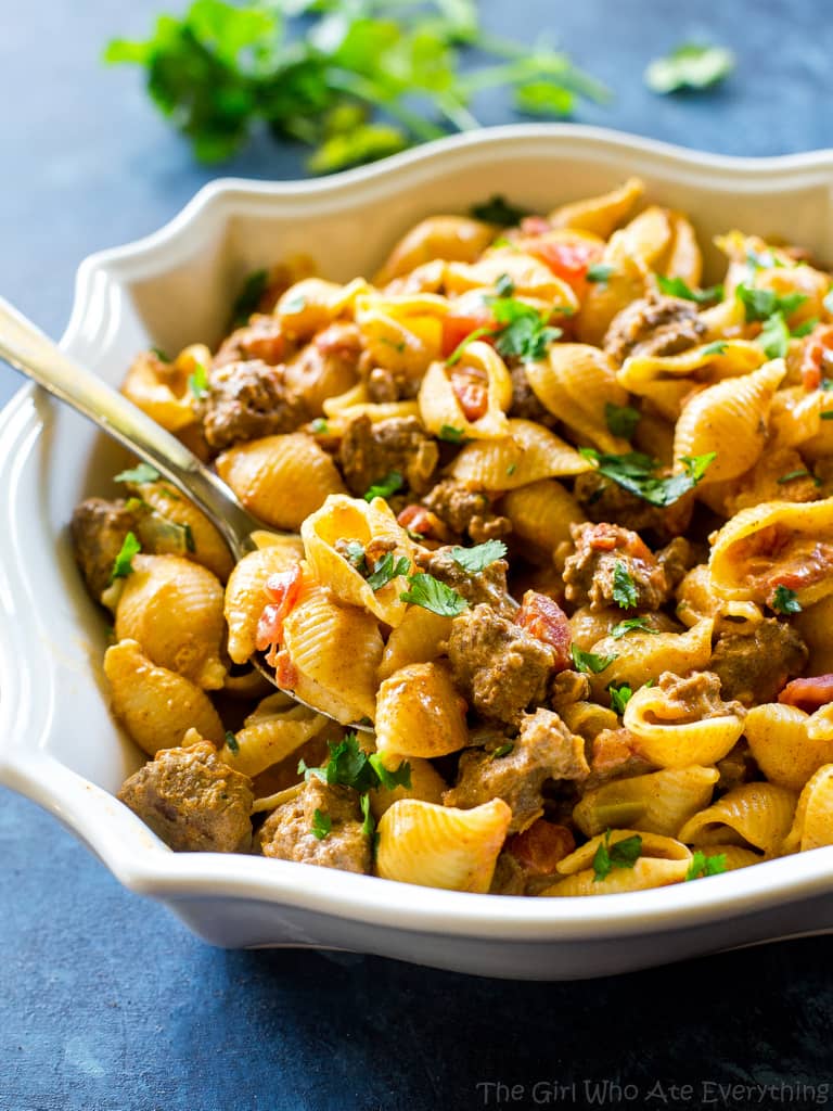 ground beef and pasta in a white bowl