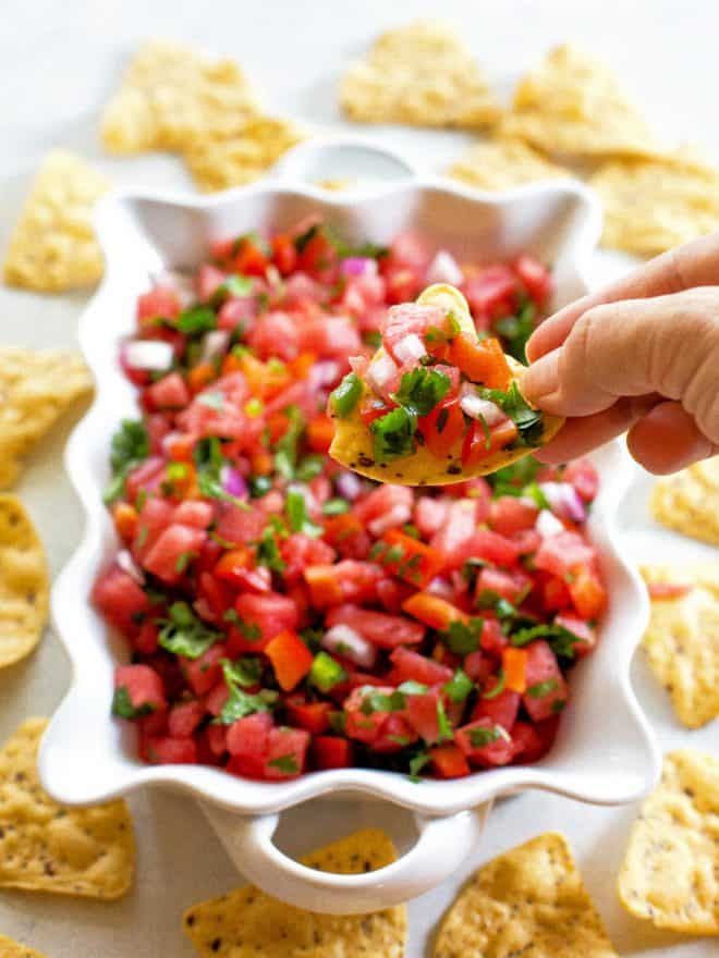 watermelon salsa in a bowl with tortilla chips