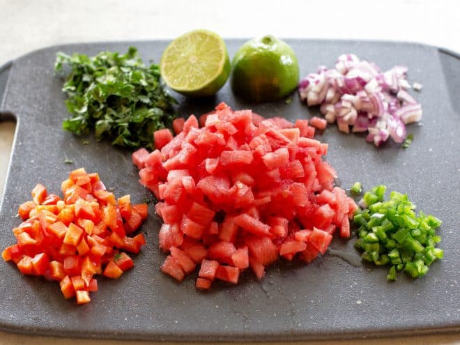 watermelon, cilantro, red onion, red bell pepper, and jalapeno