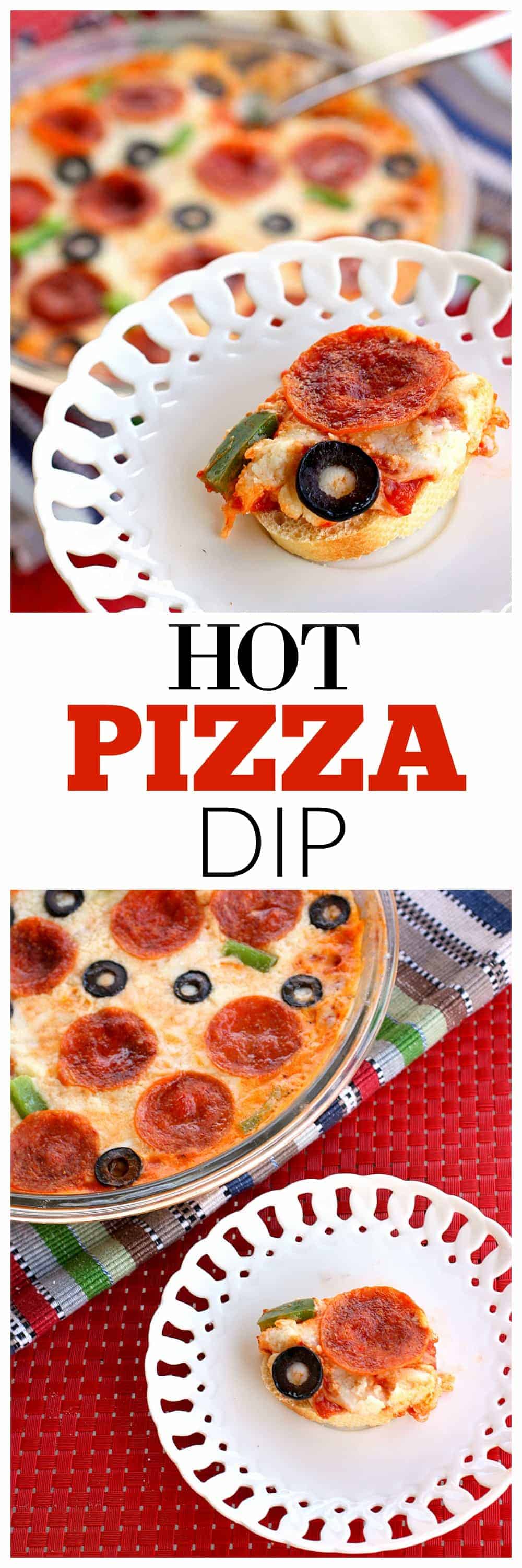 This Hot Pizza Dip tastes just like pizza with cream cheese, Italian seasonings, pizza sauce, and pepperoni! #hot #pizza #dip #appetizer #italian #recipe