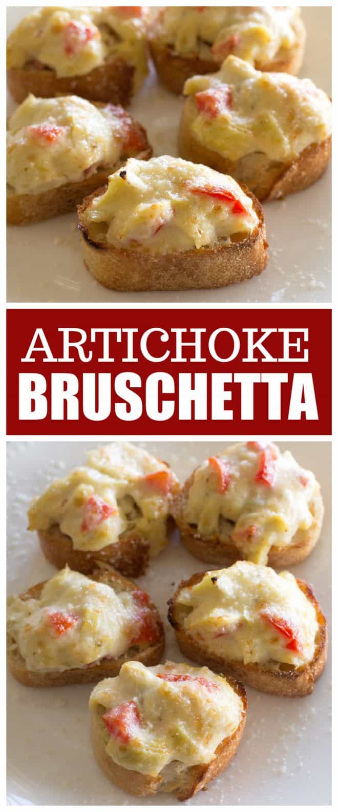 This Artichoke Bruschetta has fresh tomato, onions, artichokes, and cheese piled on top of some crusty baguette slices. #appetizer #recipe #artichoke #bruschetta