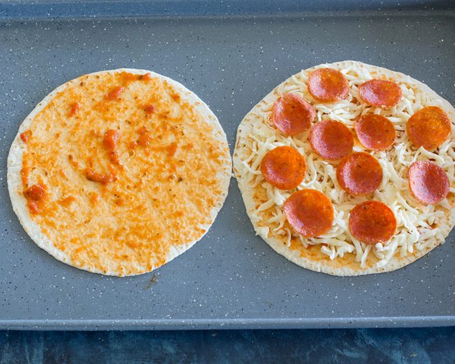 tortillas with pizza sauce and pepperoni