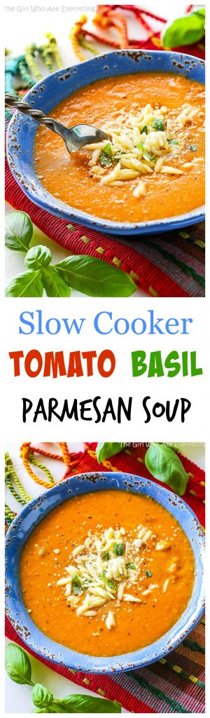 This Slow Cooker Tomato Basil Soup is one of my favorites. Perfect for a cold day. #slowcooker #tomato #basil #soup #recipe #dinner