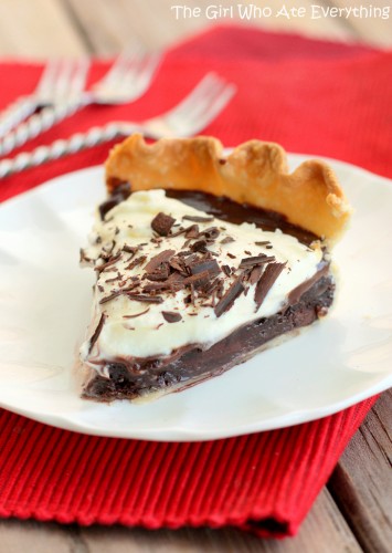 This Chocolate Cream Brownie Pie has a fudgy brownie base topped with a chocolate cream filling and fresh whipped cream.