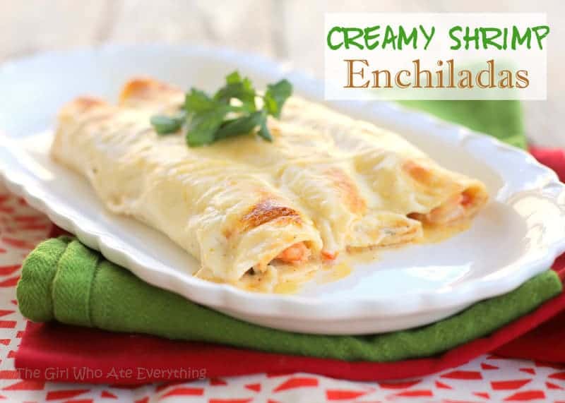 Creamy Shrimp Enchiladas - filled with veggies and shrimp and covered with a rich, creamy sauce. the-girl-who-ate-everything.com