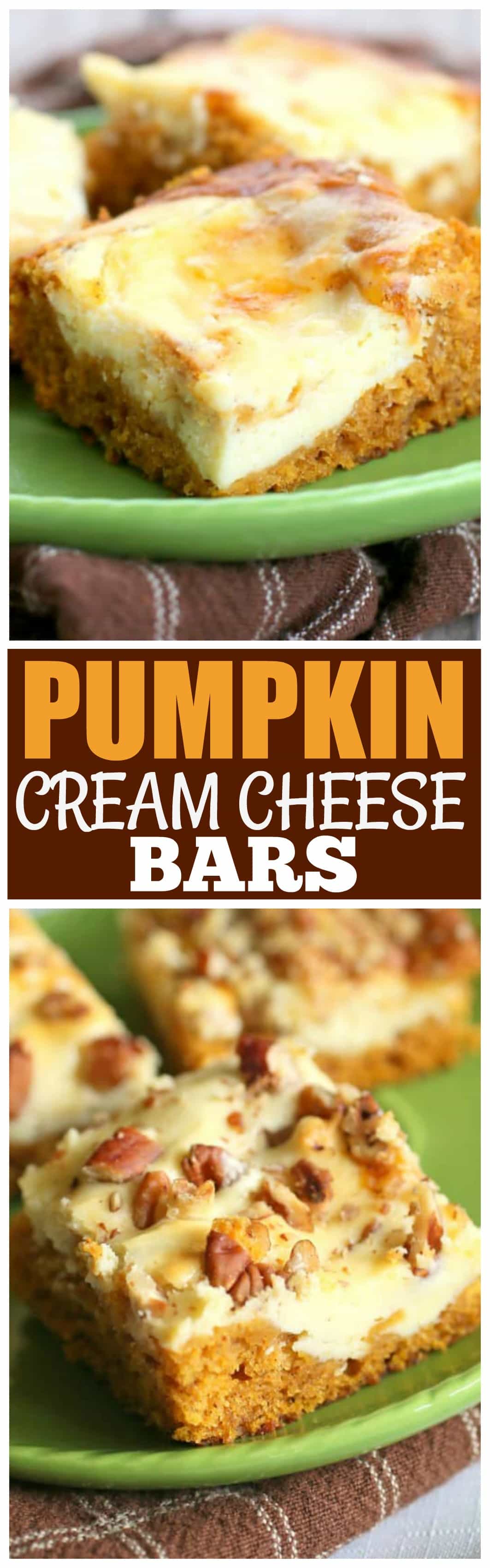 These Pumpkin Cream Cheese Bars are moist pumpkin bars with swirls of cream cheese throughout. This will be on your fall treat list every year. #pumpkin #creamcheese #bars #dessert #fall #recipes