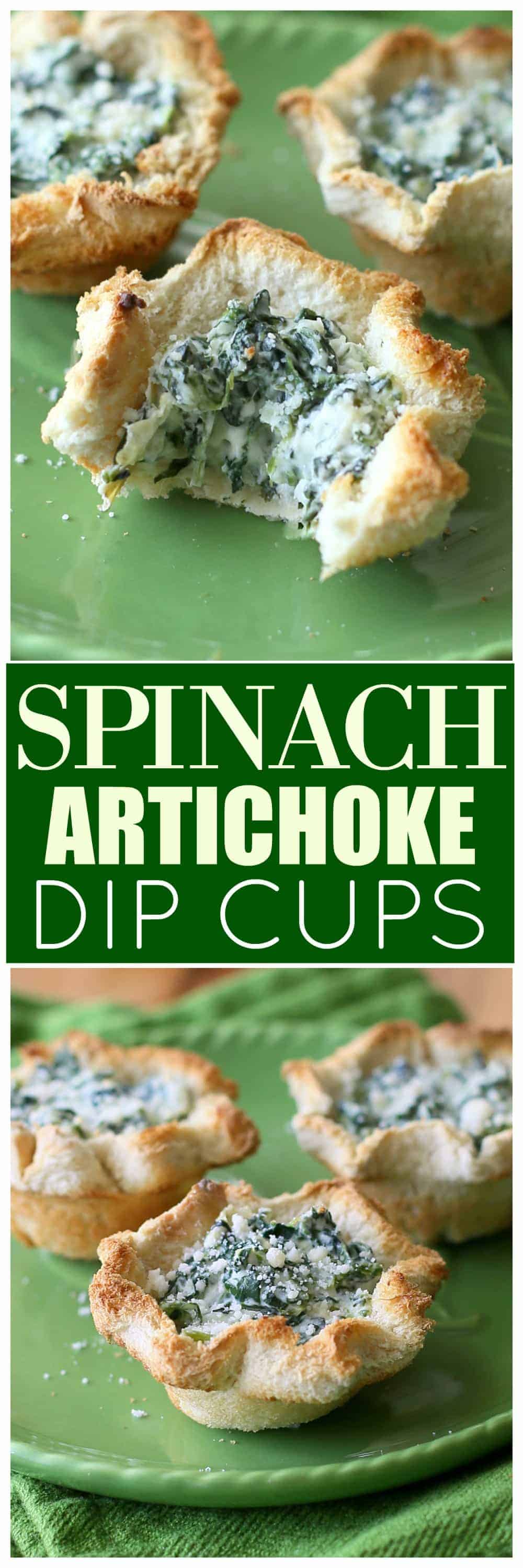 These Spinach Artichoke Dip Cups are spinach dip in a toasty bread cup. The perfect pass around appetizer for parties or holidays. Think spinach dip with the bread all in one! #spinach #dip #appetizer #bread