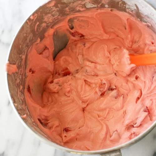 Strawberries and Cream Cake batter in a bowl