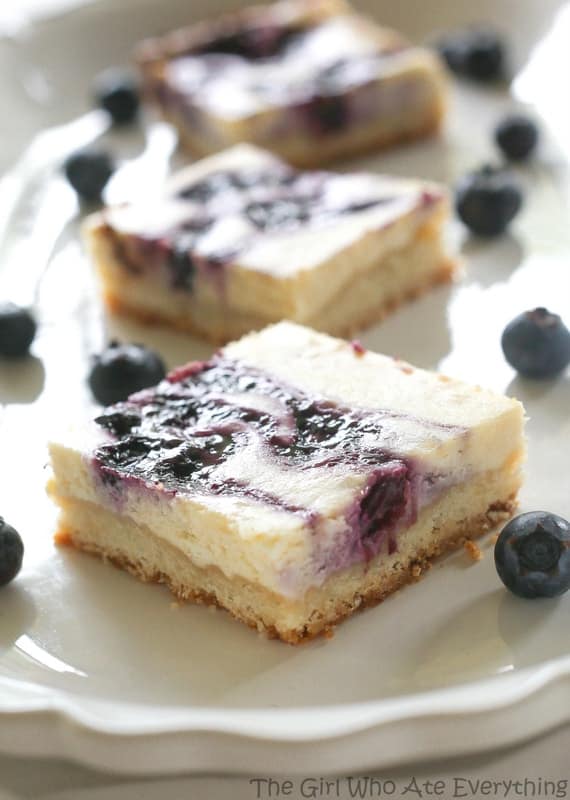 Blueberry Lemon Cheesecake Bars - summer flavors with a shortbread crust. {The Girl Who Ate Everything}