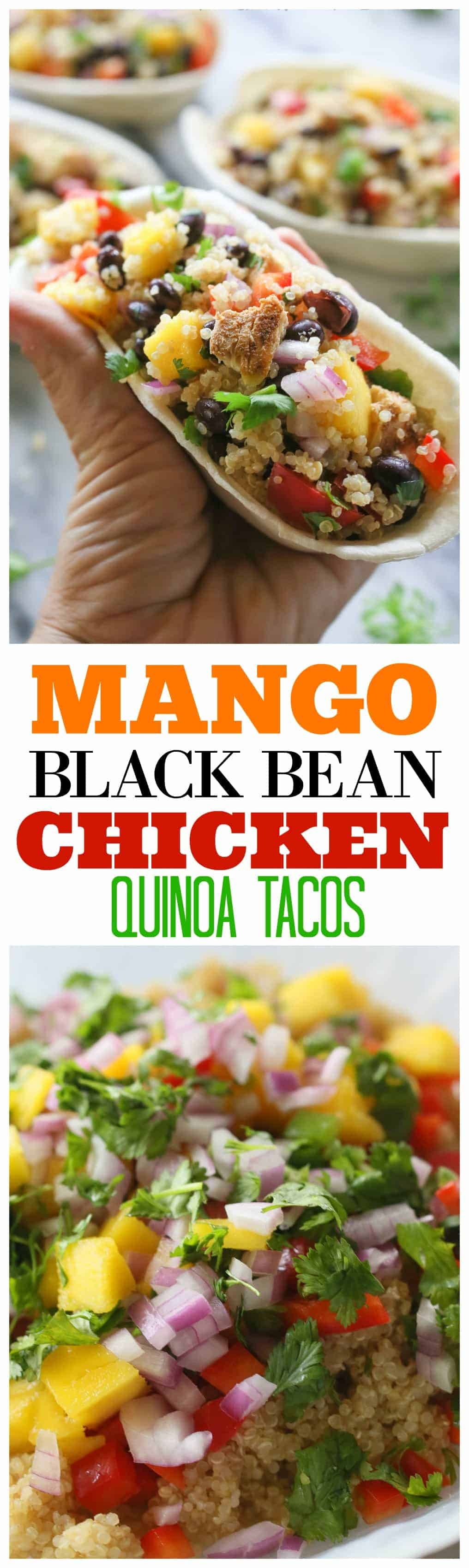 Mango Black Bean Chicken Quinoa Bowls are healthy and fresh, filled with vibrant veggies and fruit. It can be eaten warm or cold served in flour tortillas. #healthy #mango #black #bean #chicken #quinoa #bowls