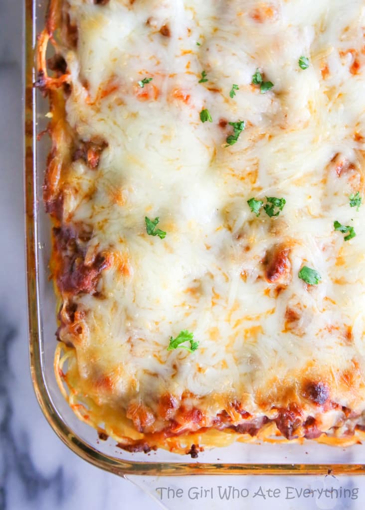 Baked Spaghetti with Meat Sauce in a casserole