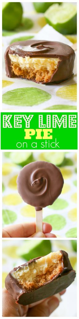 This Key Lime Pie On A Stick dessert was inspired by our many trips to the Florida Keys where they sell slices of key lime pie dipped in chocolate and frozen. #key #lime #pie #onastick #dessert #chocolate 