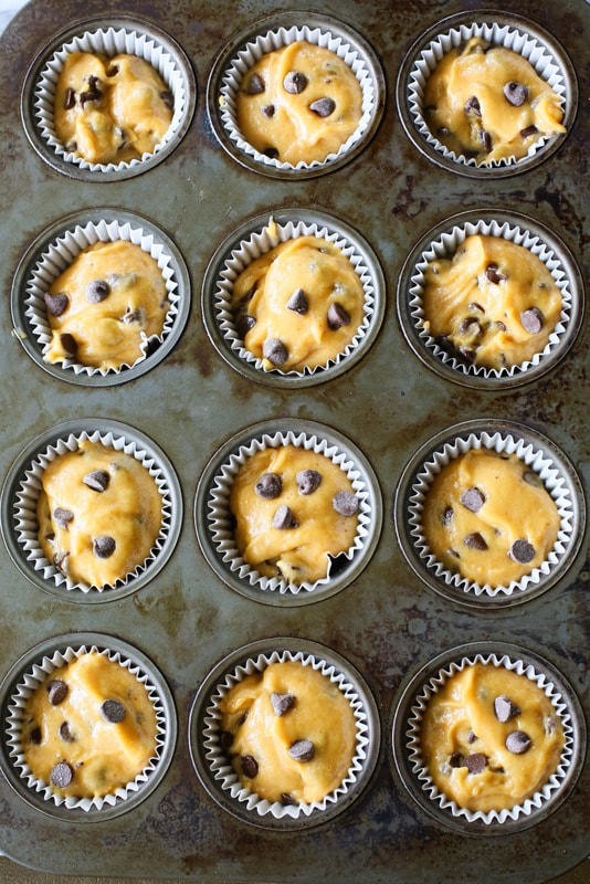 These Pumpkin Chocolate Chip Muffins are moist pumpkin spiced treats dotted with chocolate chips. This is the only pumpkin chocolate chip muffin recipe you will ever need. the-girl-who-ate-everything.com
