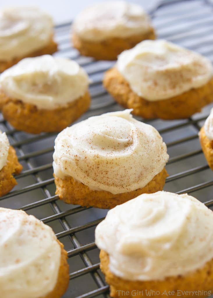 Melt In Your Mouth Pumpkin Cookies - super soft pumpkin cookies with cream cheese frosting. the-girl-who-ate-everything.com