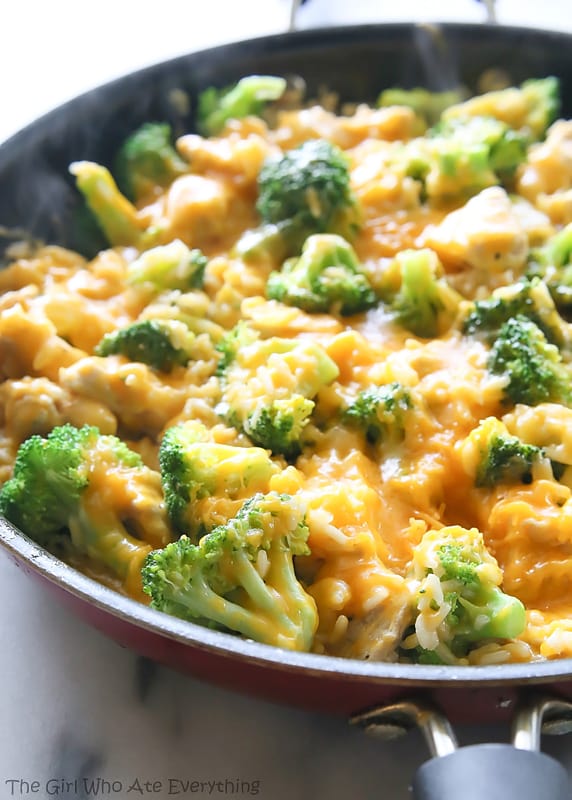 One-Pan Cheesy Chicken, Broccoli, and Rice in a pan