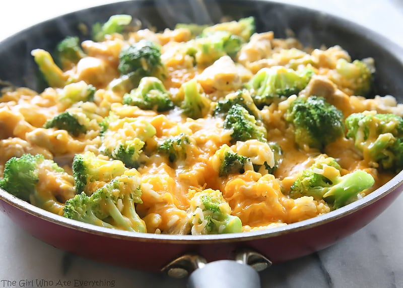 One-Pan Cheesy Chicken, Broccoli, and Rice in a skillet