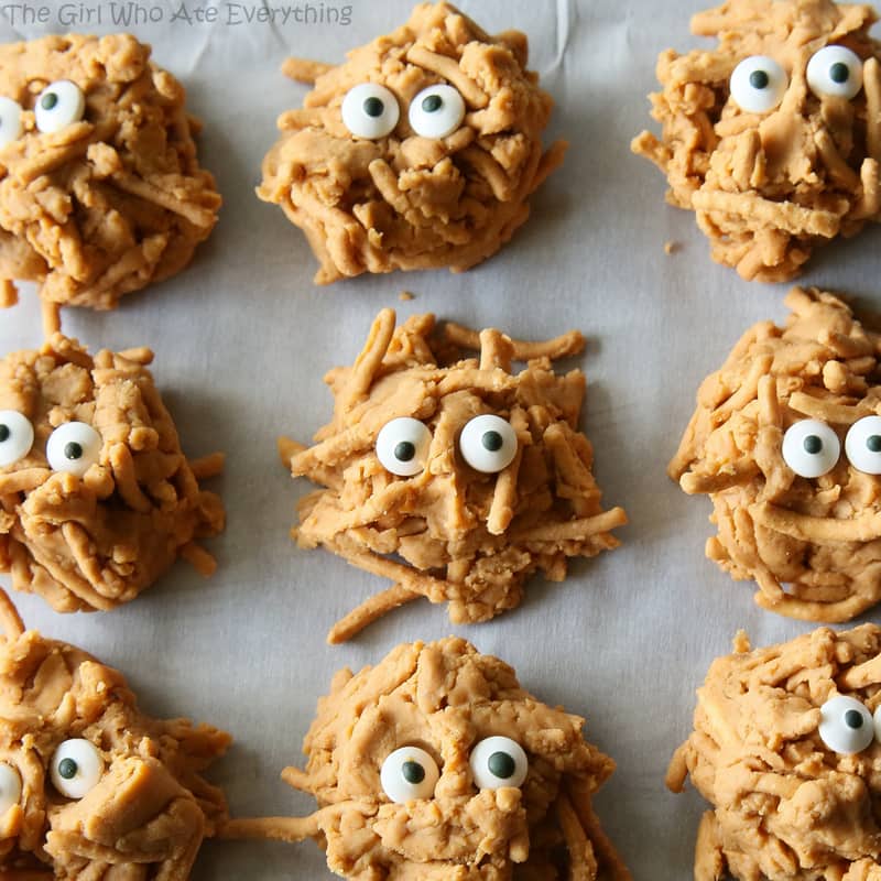 Peanut Butter Haystacks - a recipe from my childhood. Make them plain for Christmas plates or add monster eyes for a scary treat for Halloween. the-girl-who-ate-everything.com