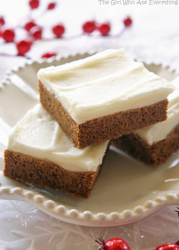 Gingerbread Cookie Bars - incredibly soft and chewy. Way easier than making gingerbread men. the-girl-who-ate-everything.com