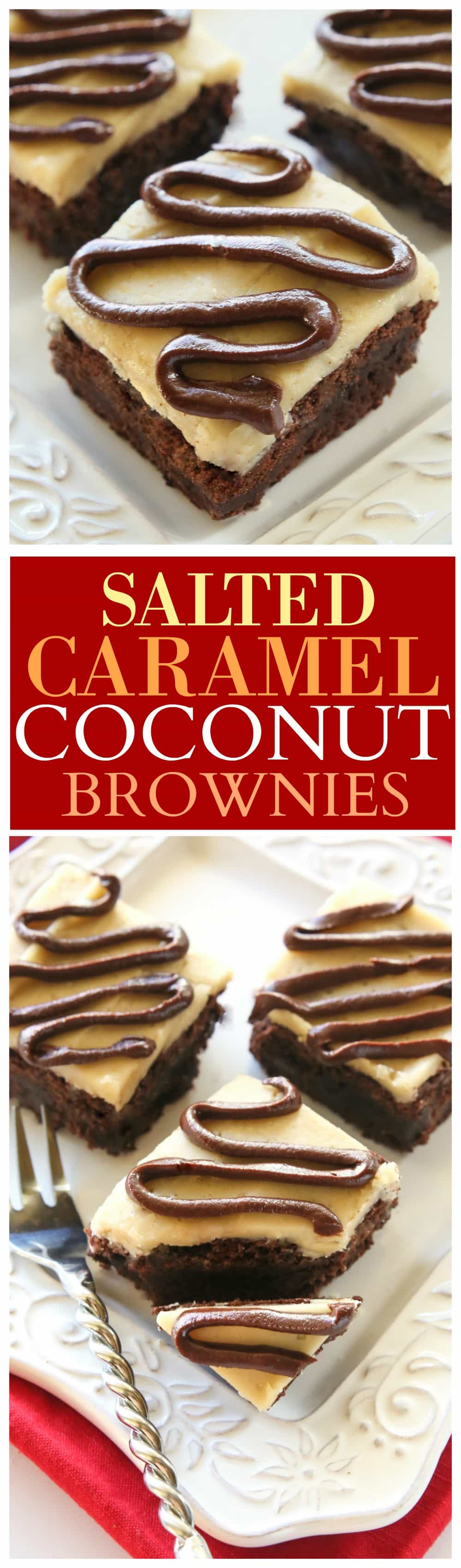 Salted Caramel Coconut Brownies - Moist, chewy coconut brownies with a salted caramel glaze and chocolate drizzle. #salted #caramel #coconut #brownies #dessert