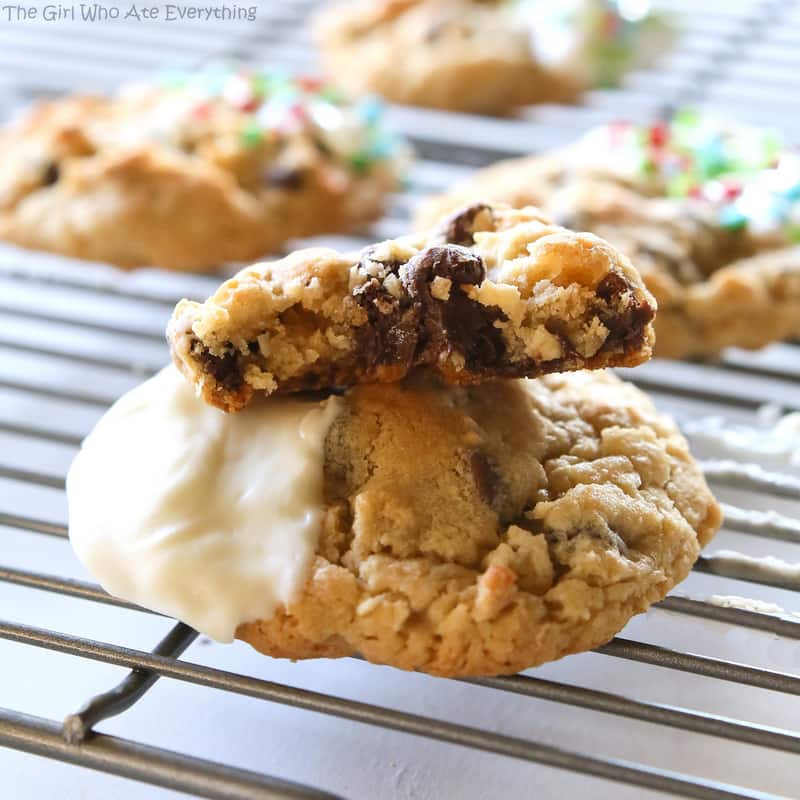 These bakery style cookies are full of chocolate chips and coconut. They have a crisp outside with a soft and chewy inside. the-girl-who-ate-everything.com