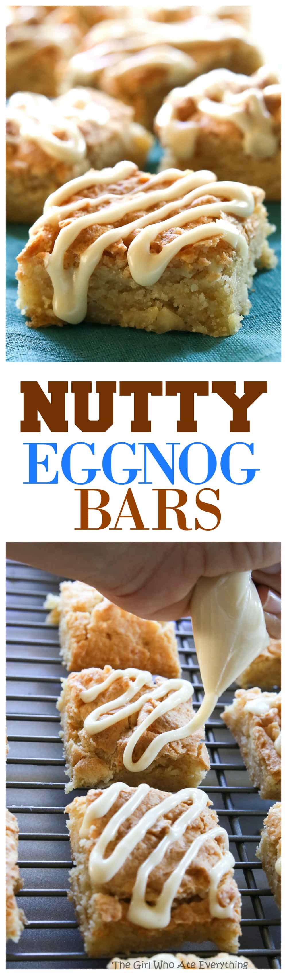 Nutty Eggnog Bars - Super chewy bars with macadamia nuts that are drizzled with an eggnog glaze. the-girl-who-ate-everything.com