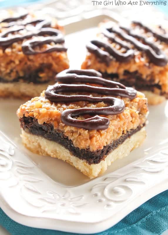 Samoa Brownie Bars - A shortbread crust topped with a brownie layer and caramel coconut inspired by the girl scout cookie. the-girl-who-ate-everything.com