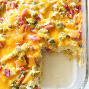 Chili and Ham Breakfast Strata - layered with sourdough, cheddar and ham. This is great for breakfast, brunch, or even dinner.