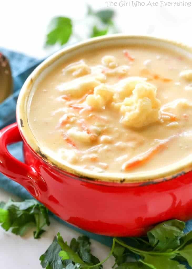 Cauliflower Soup - creamy soup filled with vegetables to warm you on a chilly night. the-girl-who-ate-everything.com