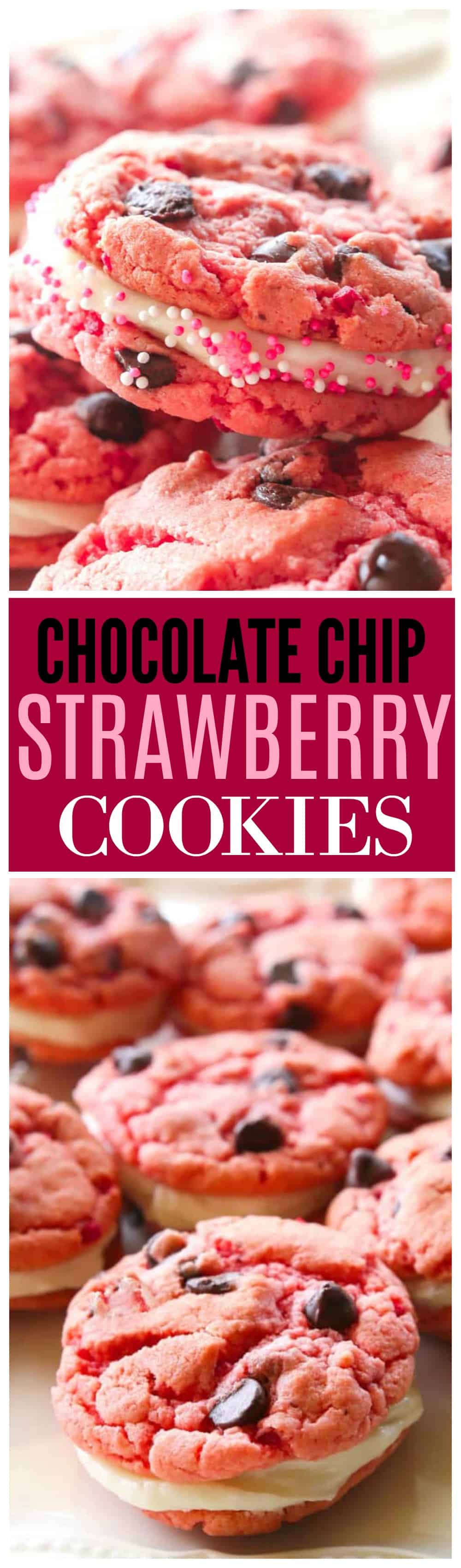 These Strawberry Chocolate Chip Oreos have a bright strawberry flavor with dots of chocolate throughout that are reminiscent of a chocolate covered strawberry. The center is filled with a cream cheese frosting that makes these cookies a real treat. 