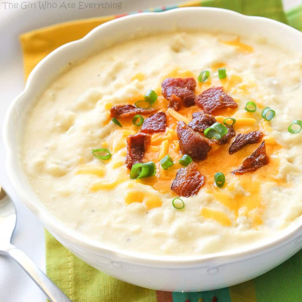 Creamy Potato Soup - A super easy soup that is thrown in the slow cooker. the-girl-who-ate-everything.com