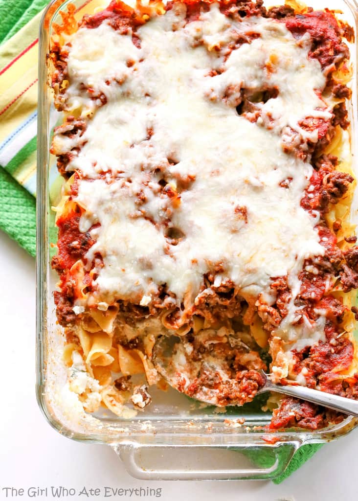 Faux Lasagna - lasagna without all of the work. Great for making ahead of time and freezing. www.the-girl-who-ate-everything.com