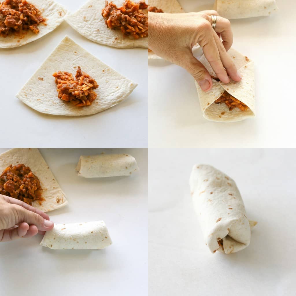 These Mini Burritos are filled with seasoned meat, beans, and cheese. Serve them as an appetizer and let your guests top their own. the-girl-who-ate-everything.com