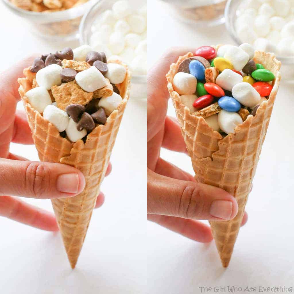 Campfire Cones - If you don't want to deal with someone poking their eye out, make your s'mores in a waffle cone, wrap it in foil, and toss it in the campfire until melted! the-girl-who-ate-everything.com