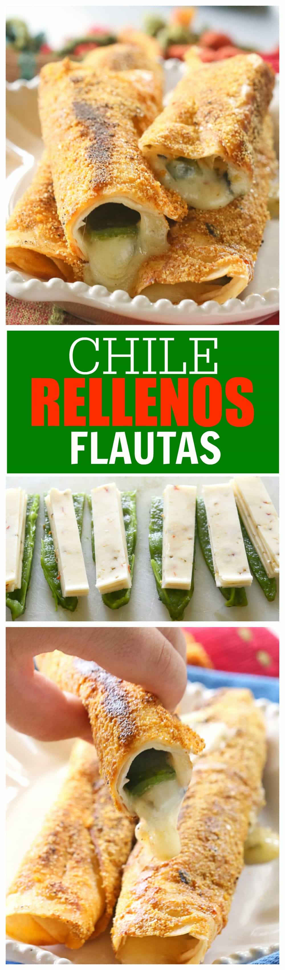 Chile Rellenos Flautas - a poblano pepper and Monterey Jack cheese rolled up in a flour tortilla, sprinkled with seasoned cornmeal, and pan-fried until toasty. the-girl-who-ate-everything.com