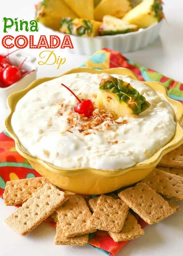 Pina Colada Dip - creamy dip with a tropical twist. Dip fruit or graham crackers in it. Great for a lunch box or after school snack. the-girl-who-ate-everything.com