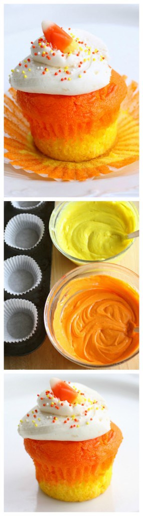 Candy Corn Cupcakes - a doctored cake mix makes these super moist candy corn colored cupcakes. Great for Halloween. the-girl-who-ate-everything.com