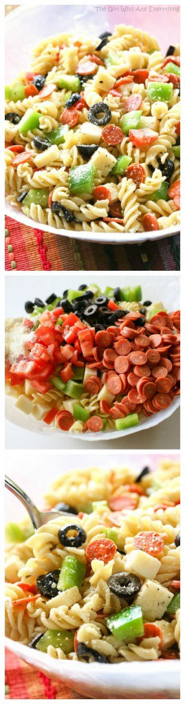 Pizza Pasta Salad has all the flavors of a delicious pizza in a pasta salad. Mini pepperonis, olives, green bell pepper, cubes of cheese, tomato - all tossed in a vinaigrette. A potluck favorite! #pizza #pasta #salad #potluck #bbq #sidedish